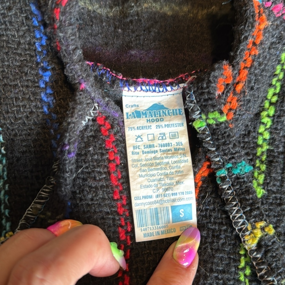 La Malinche rainbow and black striped hoodie drawstring hood pouch front bright - Picture 4 of 10
